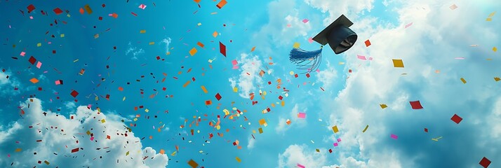 Wall Mural - A single graduation cap soars through the clouds, leaving a vibrant trail of colorful confetti, symbolizing achievement and celebration.
