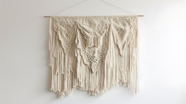 Intricate woven wall tapestry hanging gracefully as a statement piece against a pristine white background