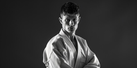 Sticker - A black and white photo of a man wearing a traditional Japanese kimono