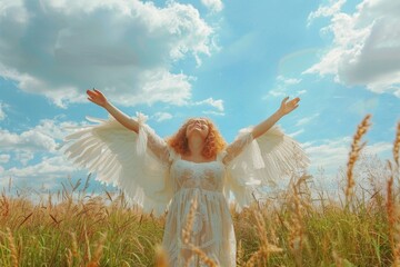 Sticker - A woman wearing a white dress stands in a field