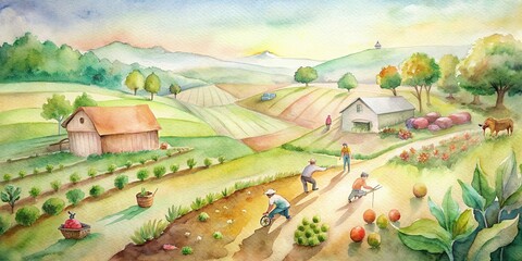 Watercolor of an eco-friendly farm showcasing sustainable agriculture practices in action , eco-friendly, farming, sustainable, agriculture, nature, environment, organic, natural, green