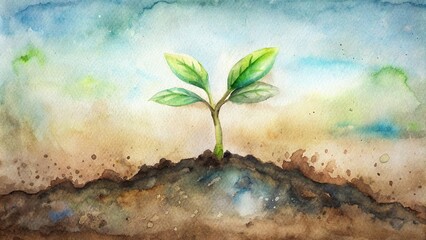 Plant growing in soil with roots visible, watercolor painting style, botanical, nature, growth, root system, organic, plant roots, soil, gardening,botanical art, watercolor art, green