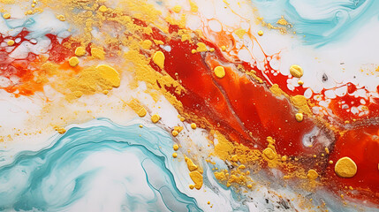 Sticker - Abstract artistic background with teal and red marble with golden paint stains.