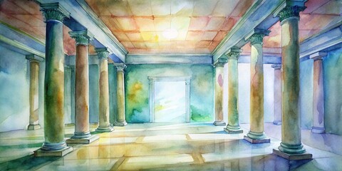 Room with columns painted in watercolor, watercolor, room, columns, architecture, interior design, artwork, colorful, artistic,decor, pattern, mural, abstract, serene, peaceful, tranquil