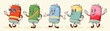 © createvil - Groovy Soda Can Retro Characters Set. Cartoon Food Beer and Juice Drink Walking and Smiling Vector Fast Food Beverage Mascot Templates Collection Happy Vintage Cool Cold Coffee Illustrations Isolated