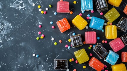 colorful licorice candies on table with copy space