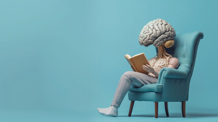 Human brain sitting on a chair and reading a book