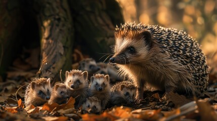 Canvas Print - A group of small hedgehogs in a wooded area, highlighting their unique features and behaviors