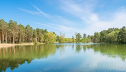 Wall Mural - a picturesque view of a small calm lake surrounded by trees on a sunny day