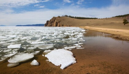 Wall Mural - melting ice floes on the shore of baikal lake in spring olkhon island baikal lake siberia russia
