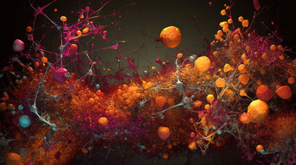 Poster - Abstract scientific concept with connected cells and particles. Science microscopic background.