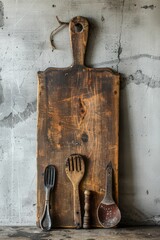 Poster - A wooden cutting board with various utensils arranged on top, ideal for kitchen use and photography