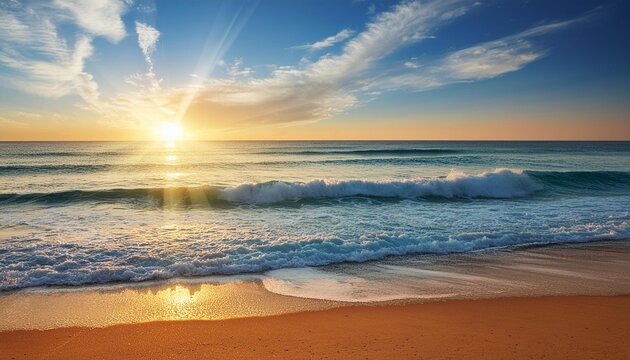 colorful ocean beach sunrise with deep blue sky and sun rays