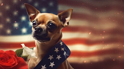 Wall Mural - Patriotic Pup: Memorial Day Tribute with Dog Wearing Poppy Collar in USA Independence Day Theme, Copy Space for Text, Realistic Style