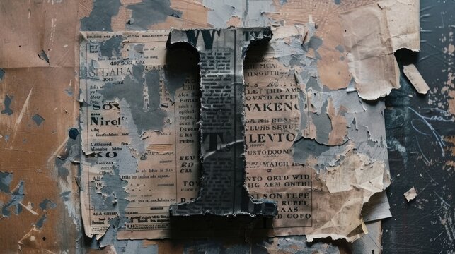 A piece of newspaper stuck to a wall with tears and creases, perfect for depicting news or media related themes