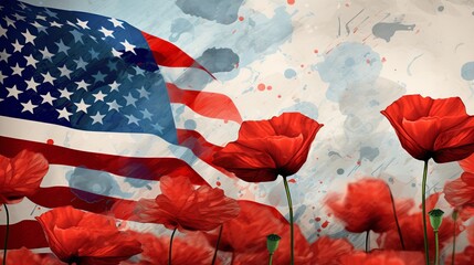 Wall Mural - Patriotic Tribute: Poppies and American Flag in Digital Art Tribute to Fallen Heroes on Independence Day with Copy Space