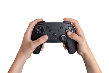 Close-up image of a child holding an isolated, transparent gamepad. Ideal for content on gaming, kids, technology, and family entertainment