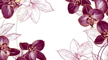 Orchids floral, luxury botanical on white background vector, empty space in the middle to leave room for text or logo, gold line wallpaper, leaves, flower, foliage, hand drawn 