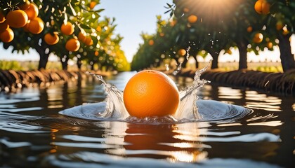 Wall Mural - a fresh orange rests on the surface of the water bursting into a splash against the backdrop of a sunlit orange grove