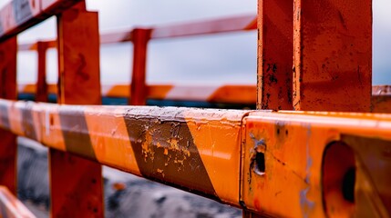 Sticker - Construction site safety barrier close-up, macro shot of bright colors and textures, no people, overcast sky, precautionary measures 