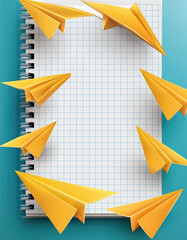 Yellow paper airplanes flying over a lined school notebook on blue background. copy space for your text or design	