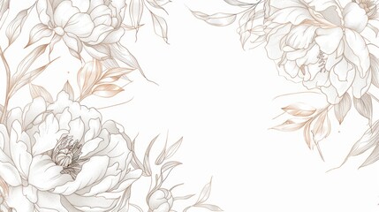 Wall Mural - Peonies floral, luxury botanical on white background vector, empty space in the middle to leave room for text or logo, gold line wallpaper, leaves, flower, foliage, hand drawn