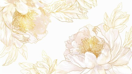 Peonies floral, luxury botanical on white background vector, empty space in the middle to leave room for text or logo, gold line wallpaper, leaves, flower, foliage, hand drawn