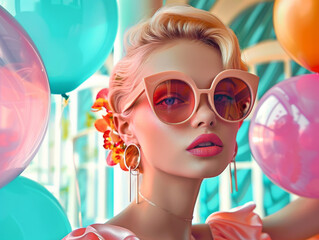 Retro style pastel colors summer background. Fashion woman wearing big sunglasses.