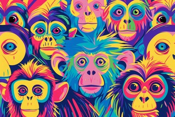Wall Mural - Abstract colorful illustration of monkeys with sunglasses. AI generative art