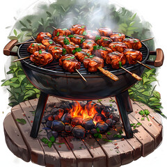 Wall Mural - Grilled chicken barbecue juicy marinated chicken with herbs on outdoor grill isolated on white background, png
