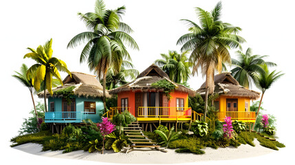Wall Mural - Tropical beach paradise with lush greenery and colorful bungalows isolated on white background, studio photography, png
