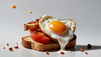 Wall Mural - Beautiful photo of a tasty breakfast with fried eggs, bacon, tomatoes and toasted bread on white background.  Delicious food meal advertisement photography illustration wallpaper concept.