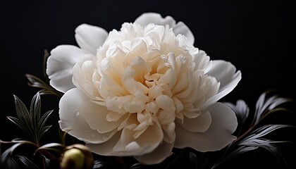 Sticker - close up of white peony flower on black background macro photo with shallow depth of field and soft focus abstract natural background