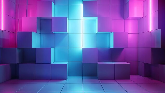 Abstract composition of floating pink and blue cubes, showcasing modern design and digital creativity with a vibrant color scheme.

