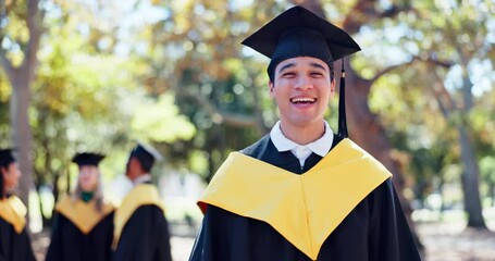 Sticker - University, smile and face of man with graduation on campus for education degree, celebration or ceremony. Future, portrait and happy student for satisfaction, achievement or academic at school