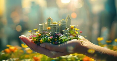 Wall Mural - A blooming city cradled by a hand, showcasing efforts towards sustainable urban environments Carbon footprint reduction