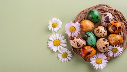 Sticker - colored quail easter eggs with daisies on a light green background easter card background spring design element generative ai