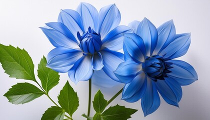 a creative closeup art piece featuring two blue flowers with green leaves on a white background showcasing the beauty of flowering plants