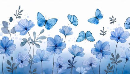 seamless floral pattern with blue abstract wildflowers and abstract flying butterflies watercolor isolated illustration floral print for textile or wallpapers delicate cute background