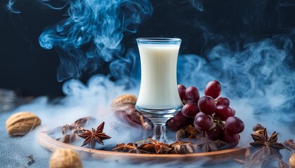 Wall Mural - close up of a glass of turkish raki isolated in a subtle smoke aura hovering in the background glass of raki liqueur with grape and anise flavor