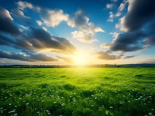 Wall Mural - AI-generated illustration of the Sun setting behind clouds in an open field with grass