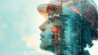 © Business Pics - Future building construction engineering project devotion with double exposure graphic design. Building engineer, architect people or construction worker working with modern civil equipment technology