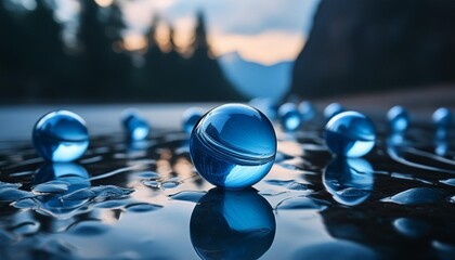 abstract blue marbles sphere on a wet surface wallpaper background