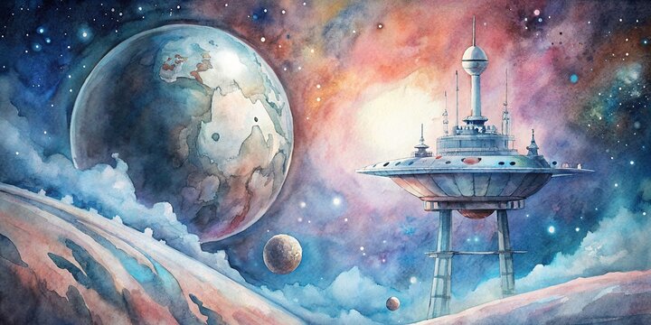 Futuristic space station orbiting a distant planet in watercolor , space, station, orbiting, distant, planet, futuristic, sci-fi, universe, outer space, astronomy, technology, digital art