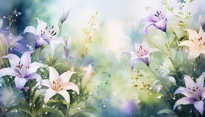 Wall Mural - watercolor background with wildflower lilies and vines