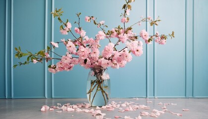Wall Mural - a vase filled with lots of pink flowers on top of a table with petals on the ground next to it and a blue wall behind the vase filled with pink flowers