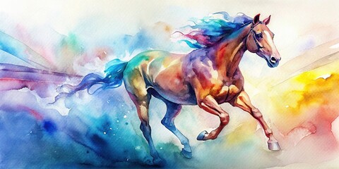 Wall Mural - Vibrant watercolor painting capturing the energy and speed of horse racing , horse, race, action, dynamic, competition, jockey, win, high-stakes, adrenaline, speed, fast, motion, excitement