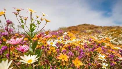 Wall Mural - a field of flowers with a bright blue sky in the background colorful daisy meadow
