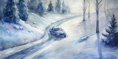 Wall Mural - Car speeding on a snowy track watercolor painting, winter, vehicle, race, snow, track, speed, competition, sport, fast, cold, icy, slippery, landscape, scenic, watercolor, painting,abstract