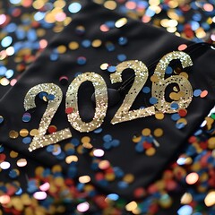 Wall Mural - Confetti shaped into the year 2026 surrounding a graduation cap, symbolizing a specific graduation year and celebration.
